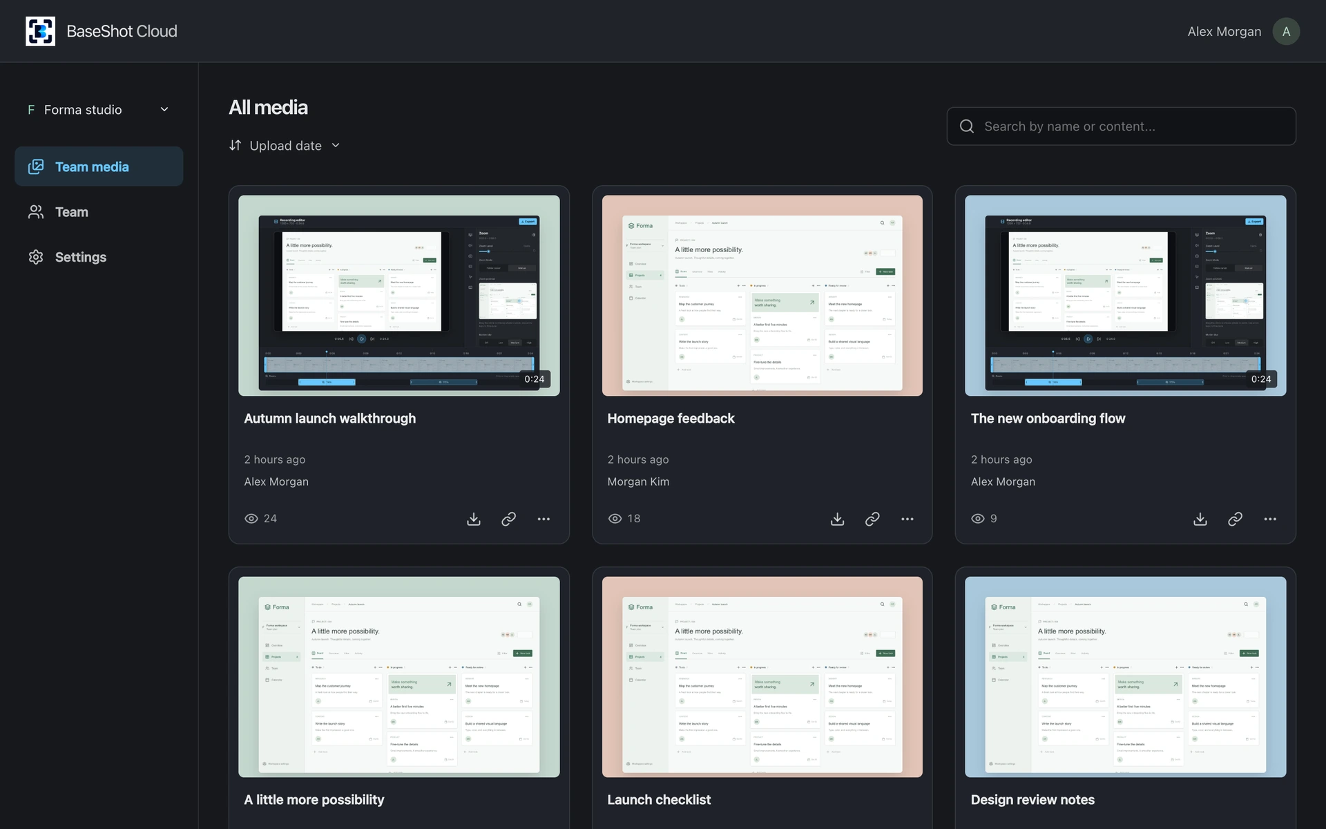 BaseShot Cloud library with screenshots and recordings in a team workspace
