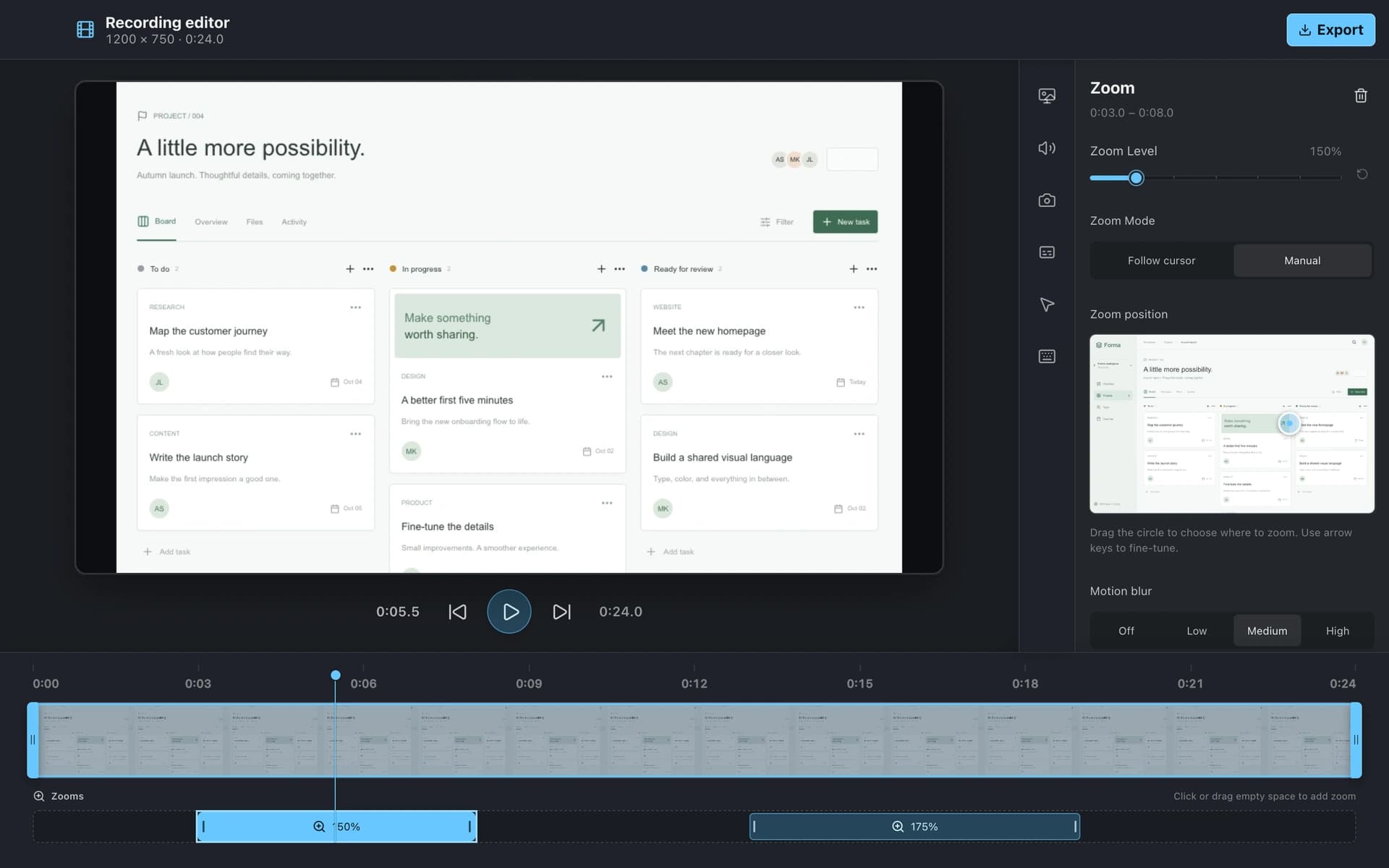 BaseShot recording editor showing a project walkthrough, timeline, and zoom controls