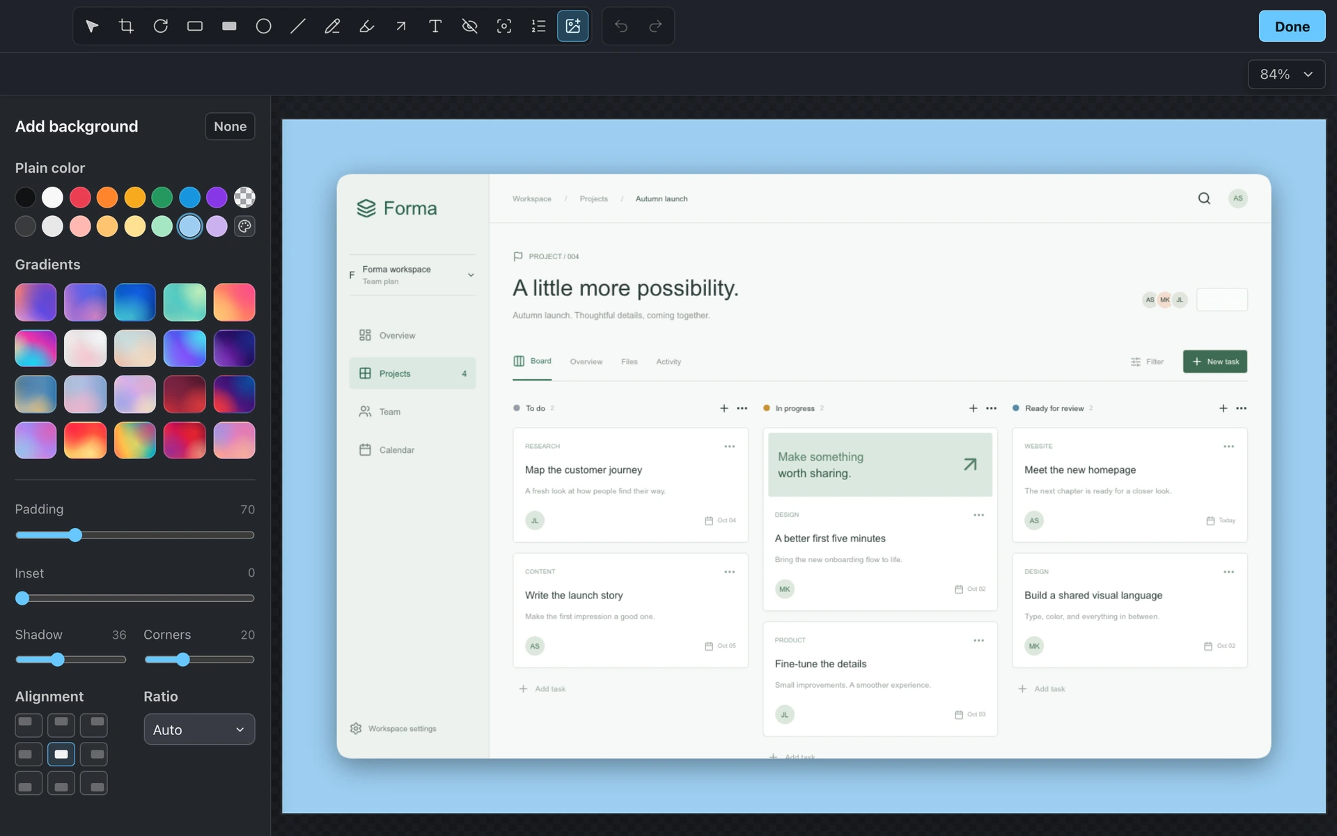 BaseShot screenshot editor with a project board and background controls